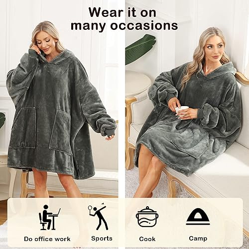 Miniatura 5 de Manta con capucha  Mantas de franela de gran tamaño suave y acogedora con mangas y bolsillos gigantes para adultos, mujeres, hombres, familiares,