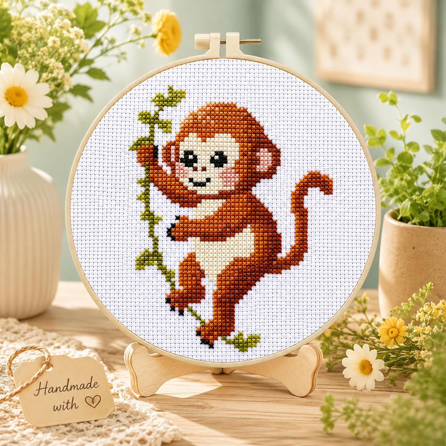 Zhenqing Monkey Cross Stitch Kit for Beginners, 11CT Printed 20x20cm with 16cm Hoop, Cute Animal on Vine Embroidery Set (70742)