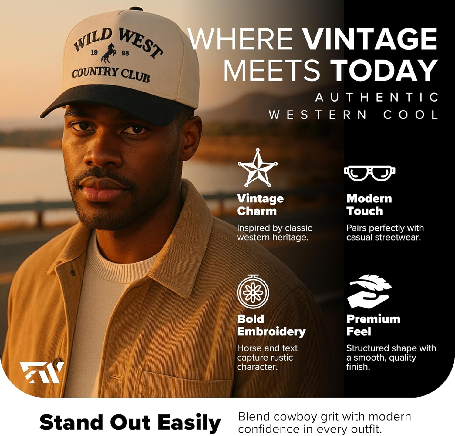 Country Trucker Hat - Western Snapback Baseball Cap - Vintage Embroidered Hat for Men & Women