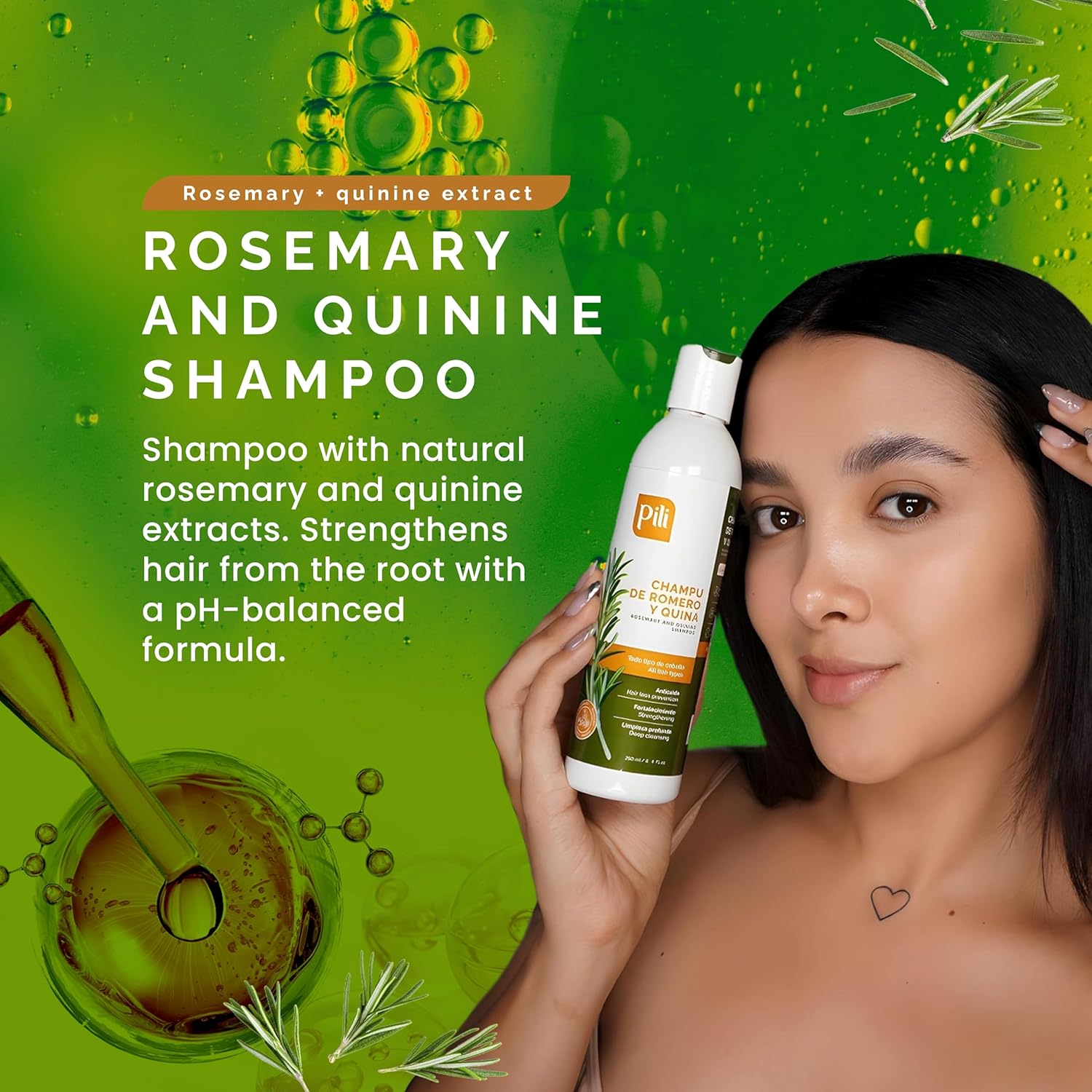 Pili Natural Rosemary and Quinine Shampoo - Strengthens Hair Follicles, Promotes Scalp Health & Hair Growth. 8.4 fl. oz. (Pack of 2)