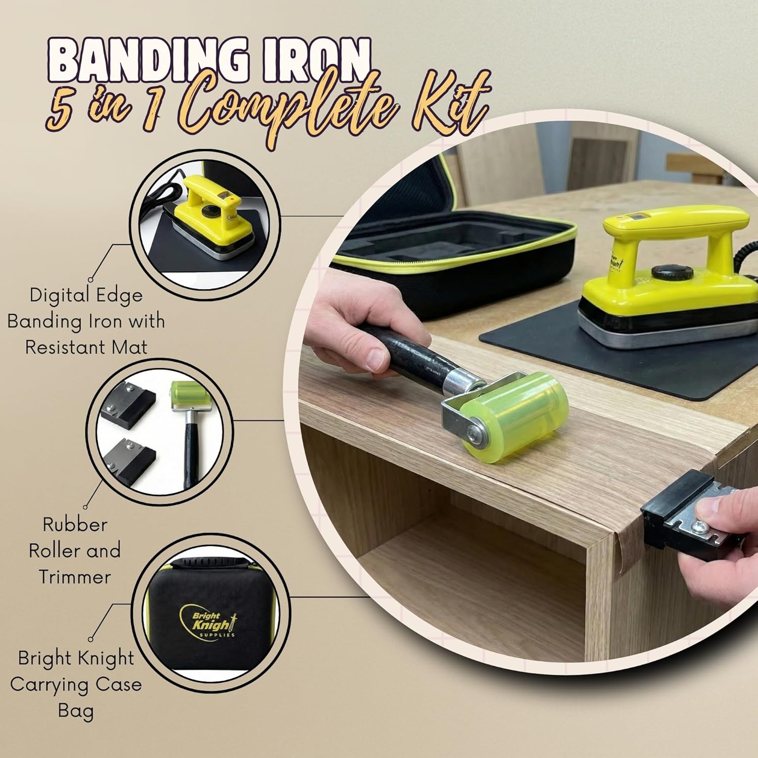 Edge Banding Iron - Ergonomic Wood Edge Sealing Iron with LCD Temperature Display, 2 Trimmers, Long Electric Cord - Carpentry & Woodworking Accessories - Rubber Roller