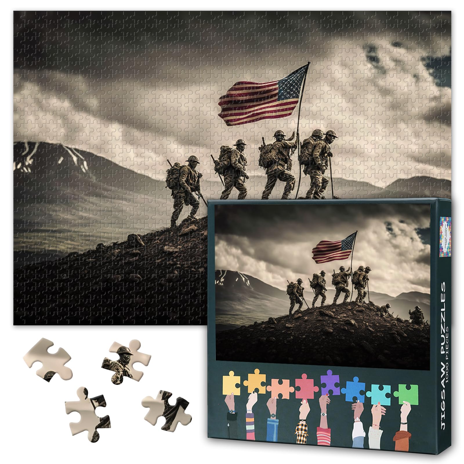 Independence Day Puzzles for Adults 1000 Pieces, US Armed Forces Jigsaw Puzzles, Soldier Carried American Flag Adult Puzzle for Adults, Educational Fun Games or Toys for Elders Friends 20X27 INCH