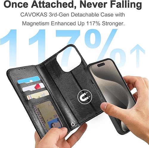 Miniatura 2 de Funda tipo cartera para iPhone 15 con soporte para tarjetas, funda de cuero magnética fuerte desmontable, compatible con carga inalámbrica MagSafe,