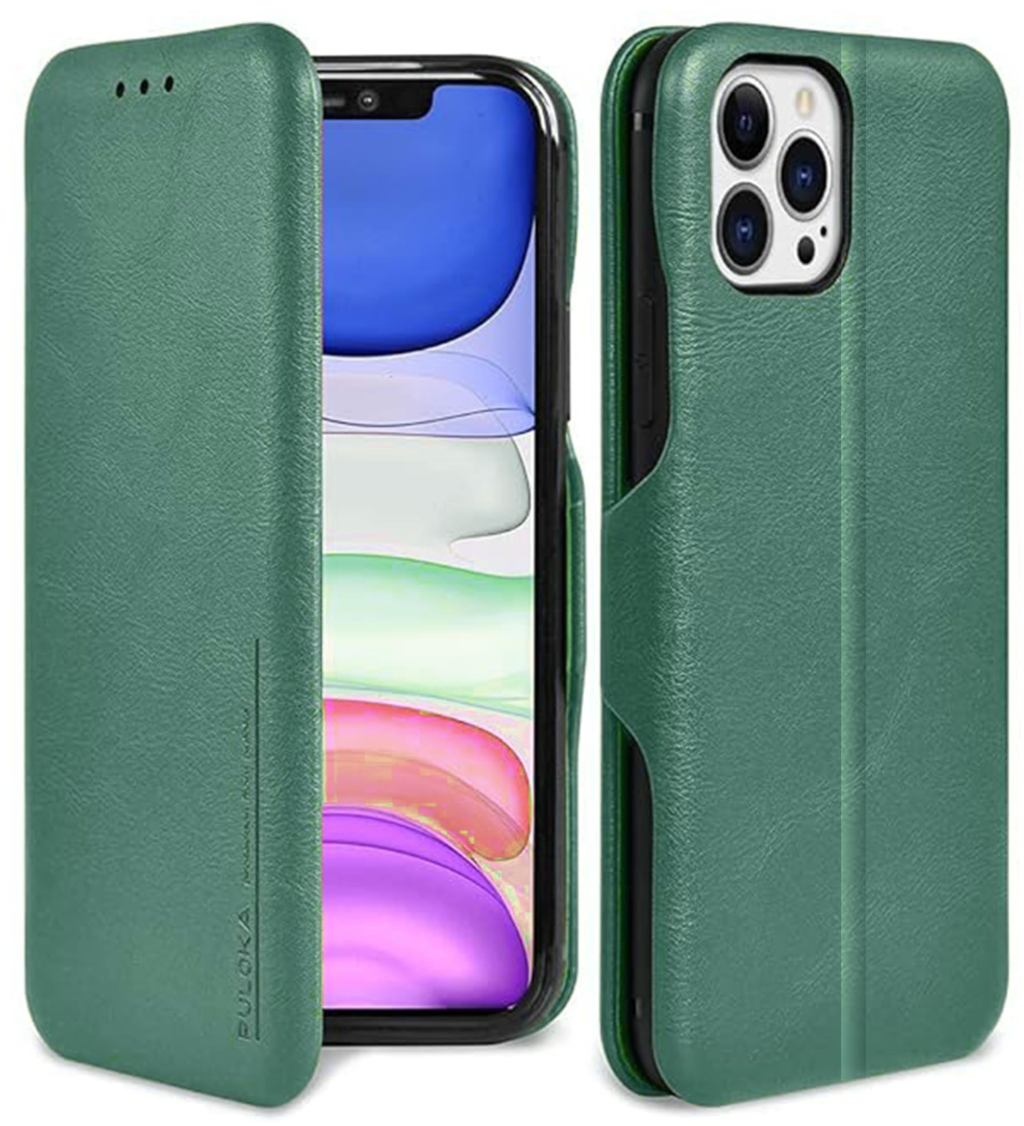 PULOKA PU Leather Wallet Case Compatible with 13 Pro – Flip Cover with Card Holder & Kickstand – Green