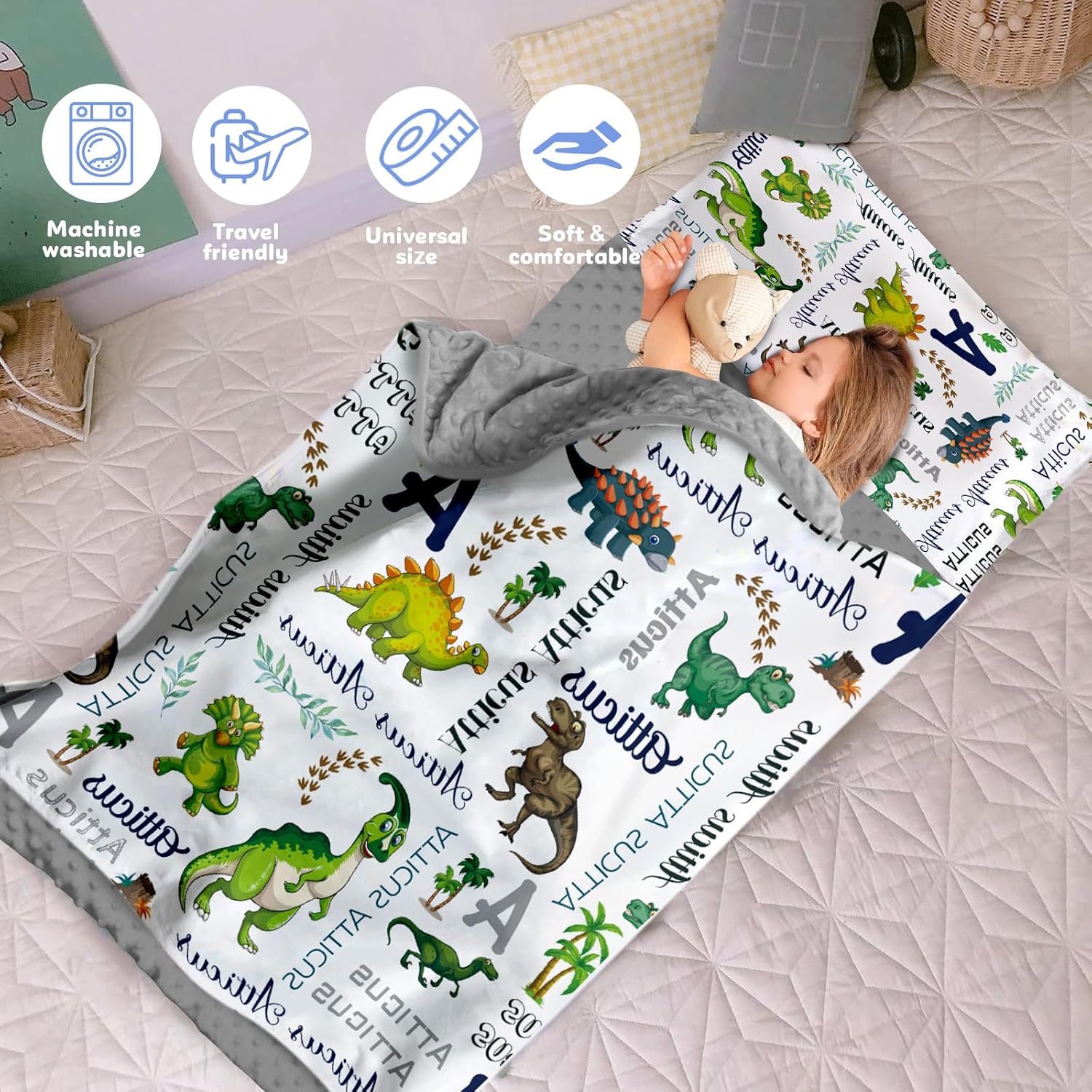 Custom Toddler Nap Mat for Preschool - Personalized Name Kids Nap Mats for Daycare Kindergarten Boys Sleeping Bag with Pillow Blanket Set, Thick Padded Easy Roll Up Blue