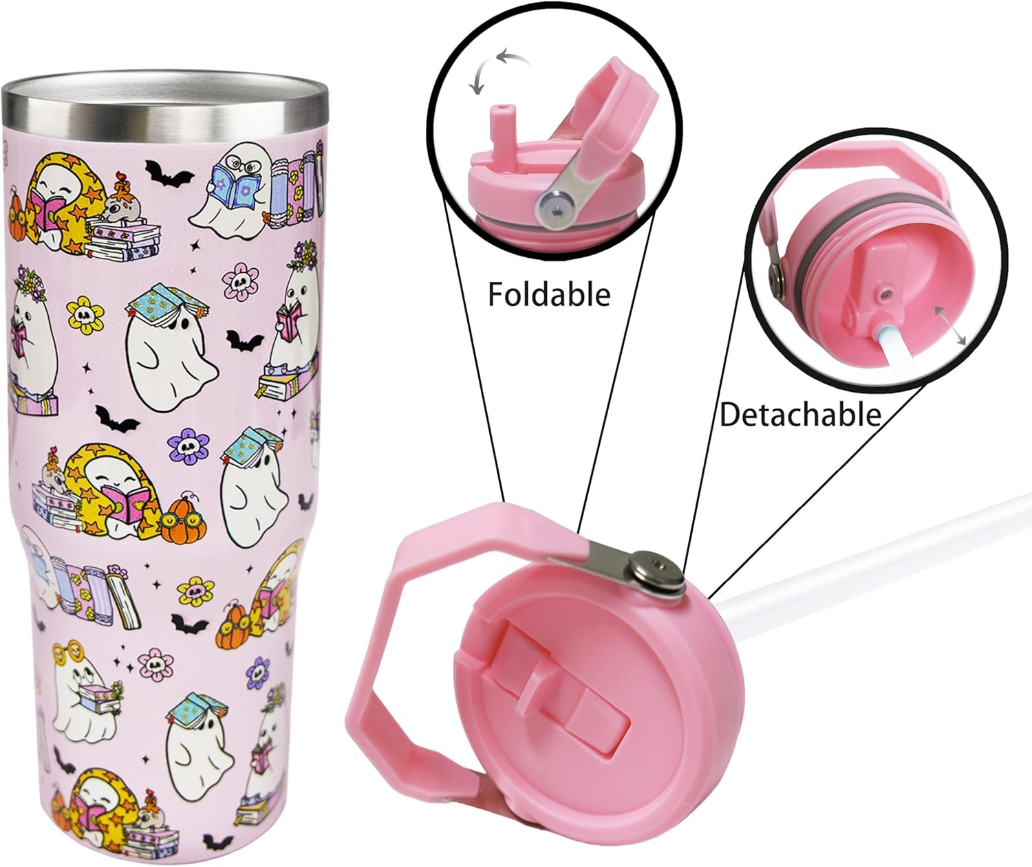 30oz Halloween Tumbler with Handle and Straw, Pink Ghost Insulated Tumbler, Leak Proof Travel Coffee Mug, Reusable Stainless Steel Ghost Tumbler, Halloween Gifts for Women (pink white) - Image 3