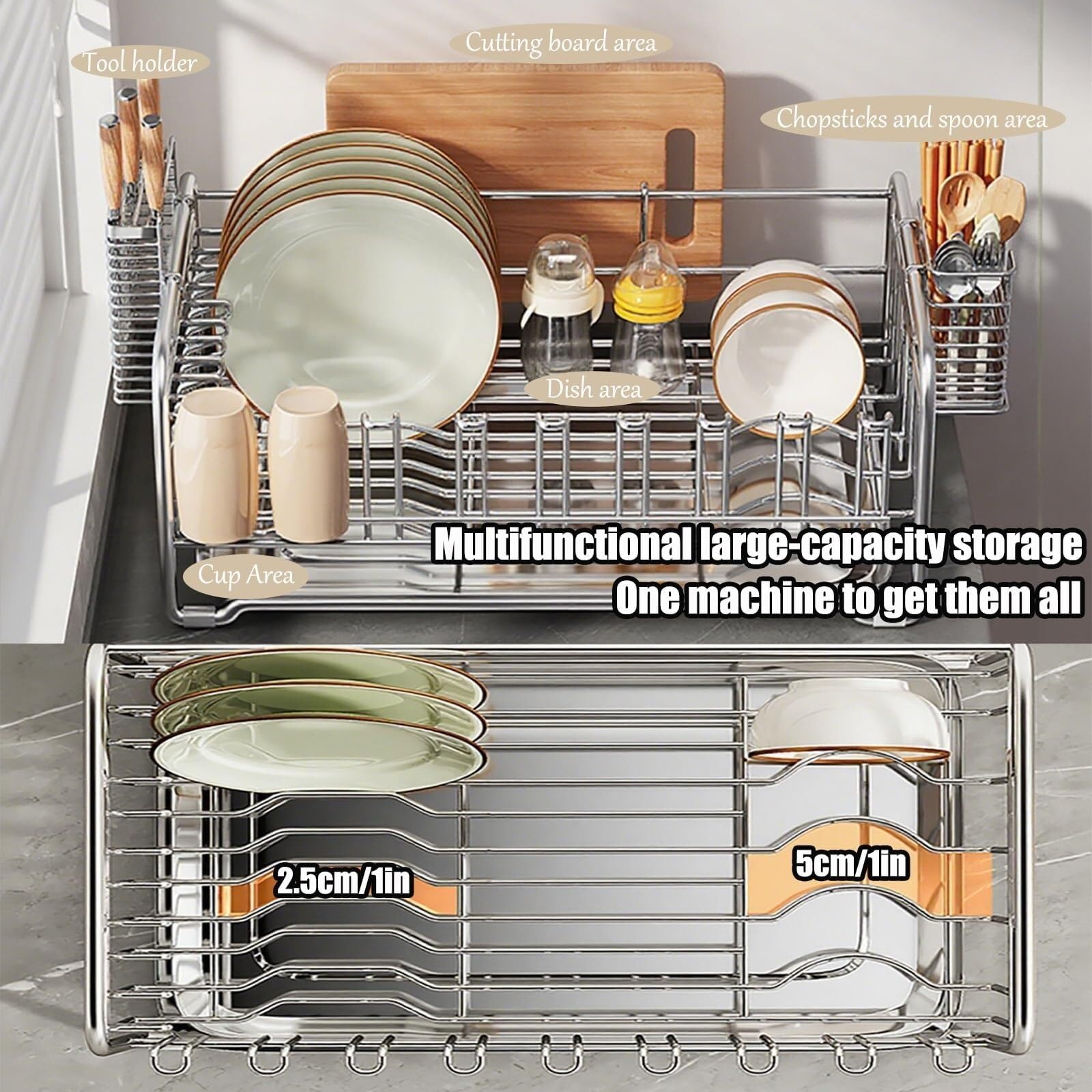 Drying Rack Geschirrtrockner, platzsparender Geschirrständer for die Küchentheke, Abtropfgestell aus Edelstahl mit Utensilienhalter abtropfgestell(Color2,36cm)