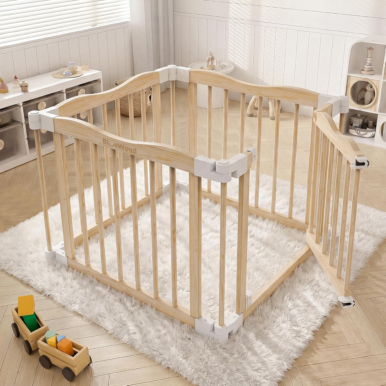 BlueWood Wooden Playpen for Babies & Toddlers, 4 Panels Expandable & Foldable Baby Play Yard, Baby Fence with Door, for Living Room/Nursery/Playroom - Safe Crawling Space (27.5"x27.5")