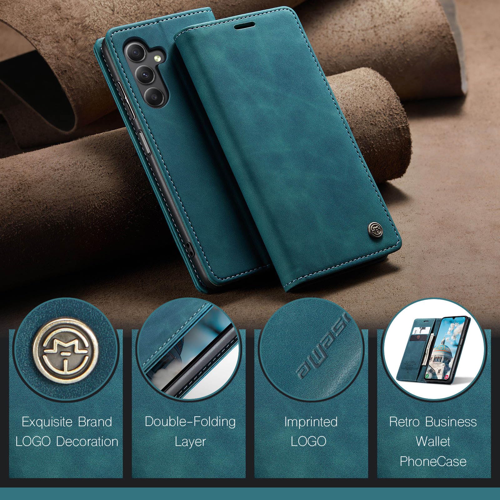 Azororo Cover per Samsung Galaxy A15 5G/4G, Premium PU Pelle Custodia, Magnetica Carta Fessura Portafoglio Case, Flip Cavalletto Custodia per Samsung Galaxy A15- Blu verde