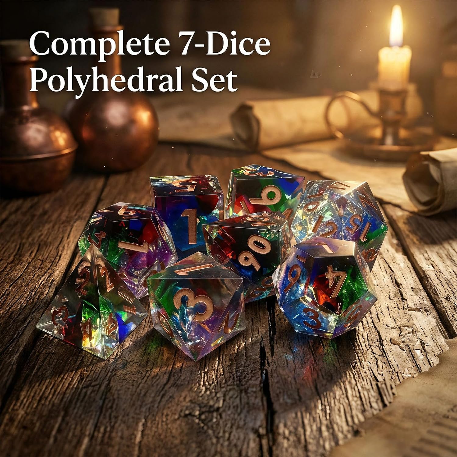 Sharp Edge Handmade Polyhedral DND Dice Set, Aurora Rainbow, Resin, 7 Piece with Gift Box