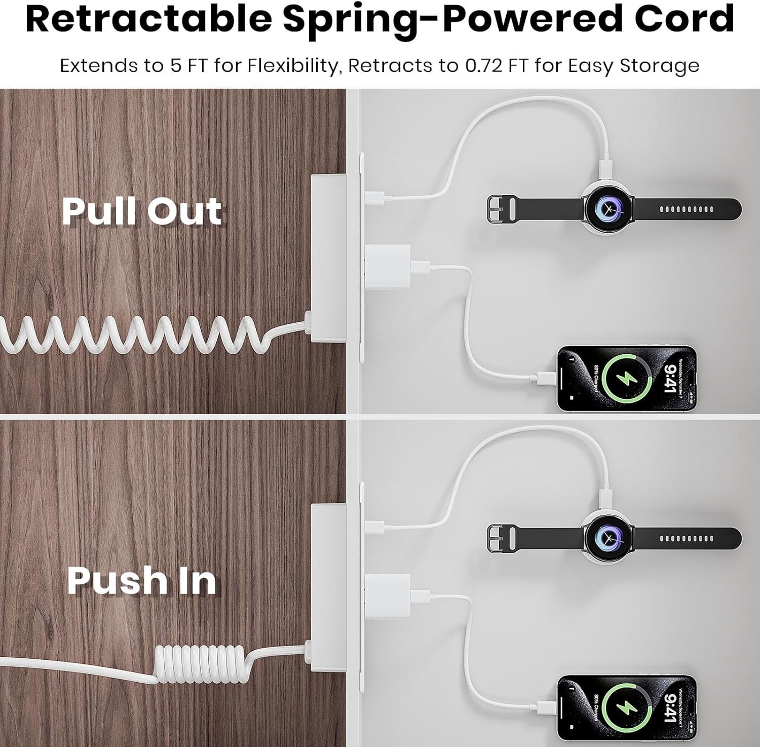 Recessed Furniture Drawer Outlet with 3 Fast-Charging USB Ports & 2 AC Outlets – 5 FT Spring Cord- White