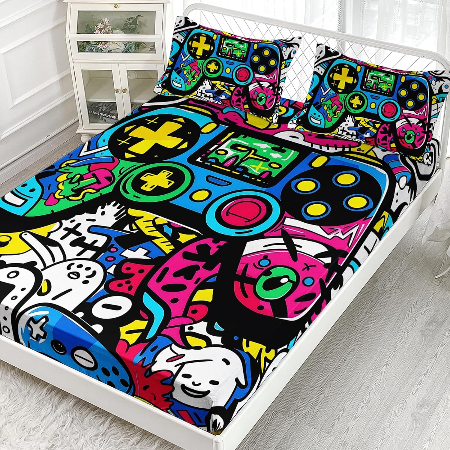 AILONEN Gaming Twin Size Fitted Sheet Set - Graffiti Video Game Controller Bedding Set for Boys Girls - Cartoon Funny Gamepad Deep Pocket Sheets with 2 Pillowcases - 3 Pieces image 2