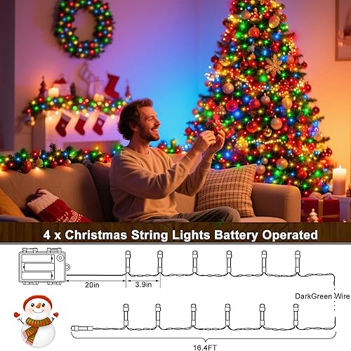 Miniatura 7 de Paquete de 4 tiras de luces multicolor a pilas para exteriores, 16.5 pies, 50 LED, temporizador, luces RGBY de alambre transparente, luces de árbol