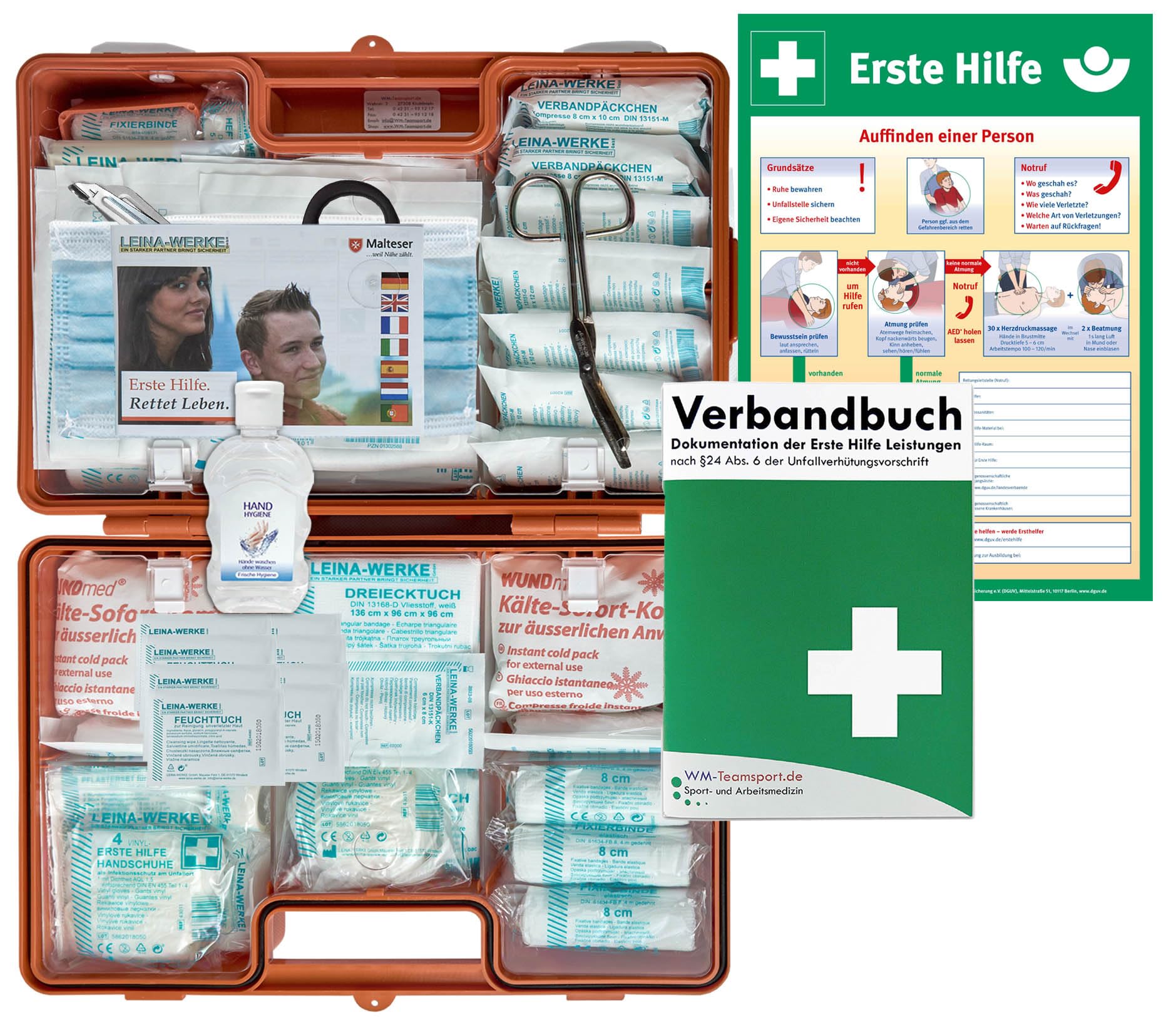 Verbandskoffer/Verbandskasten (G) Typ C -Paket 2- Erste Hilfe nach AKTUELLER DIN 13169 für Betriebe INKL. Verbandbuch + Hygiene-Gel & AUSHANG