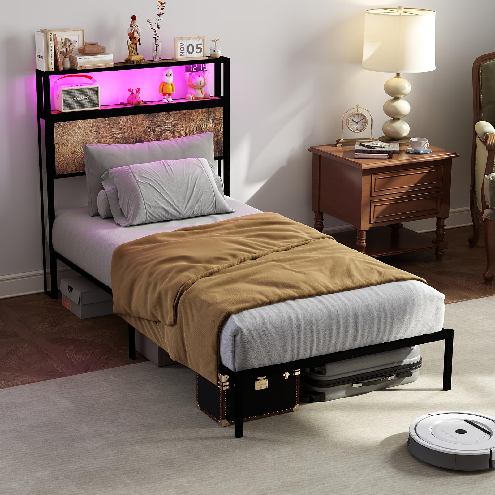RVONOW 3ft Single Bed Frame with Headboard, 90x190cm Metal Platform Bed Frame with LED Lights, Under Bed Storage, Heavy Duty, No Box Spring Needed, Noise Free, Easy Assembly (No Charging Socket) — image 1