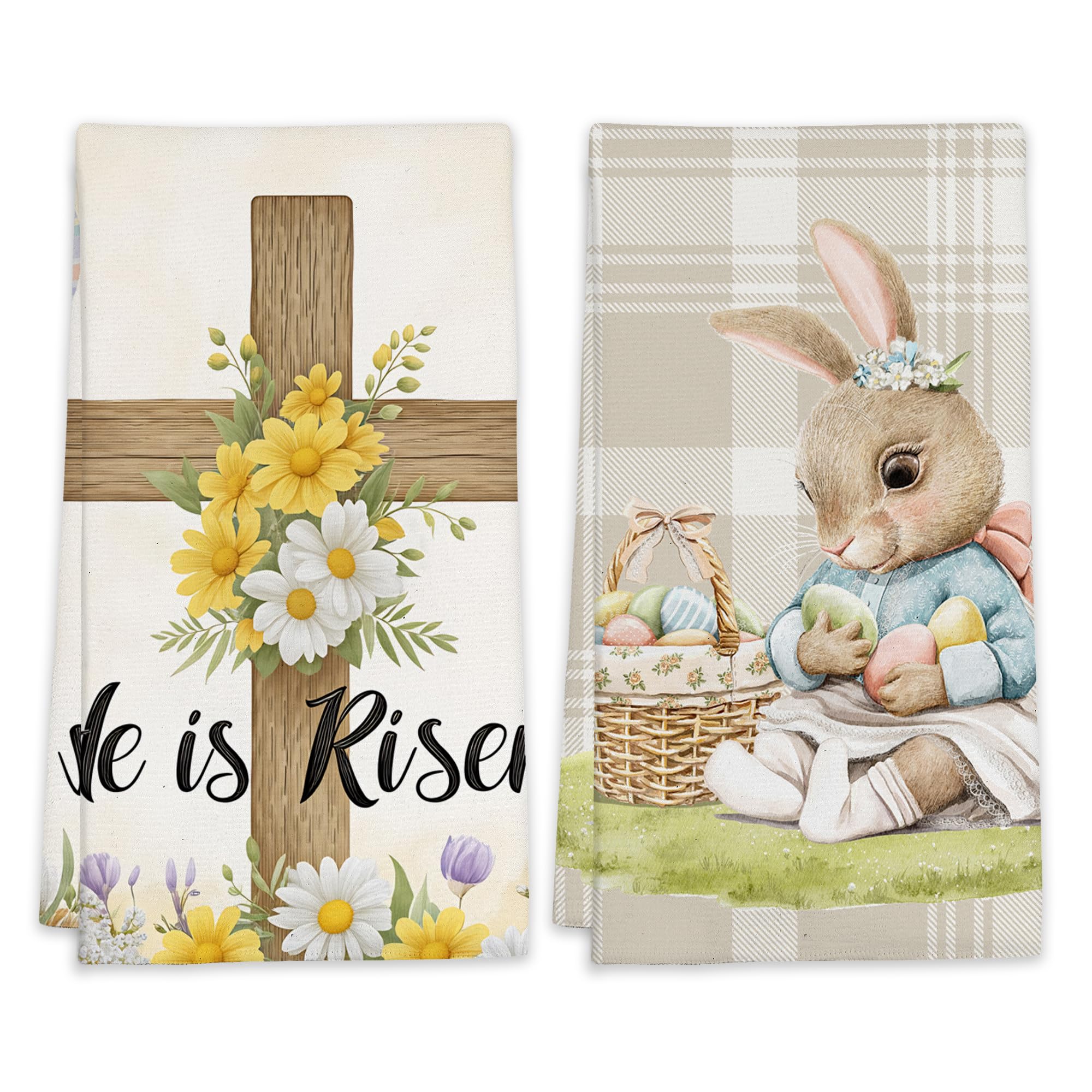 LUOENY Tea Towels - Set of 2 Rabbit Egg Happy Easter Hand Towels Absorbent Reusable Dish Cloths for Kitchen Home, Living Room Dining Room Decor, 45x60 cm