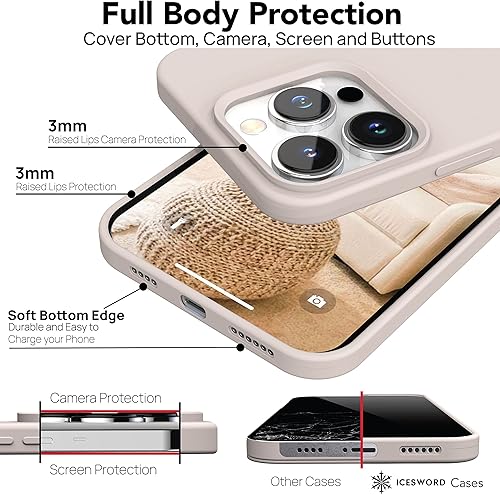 Miniatura 8 de IceSword Funda para iPhone 15 Pro Stone (2023), funda de silicona líquida delgada y protectora, forro de microfibra suave antiarañazos, color beige