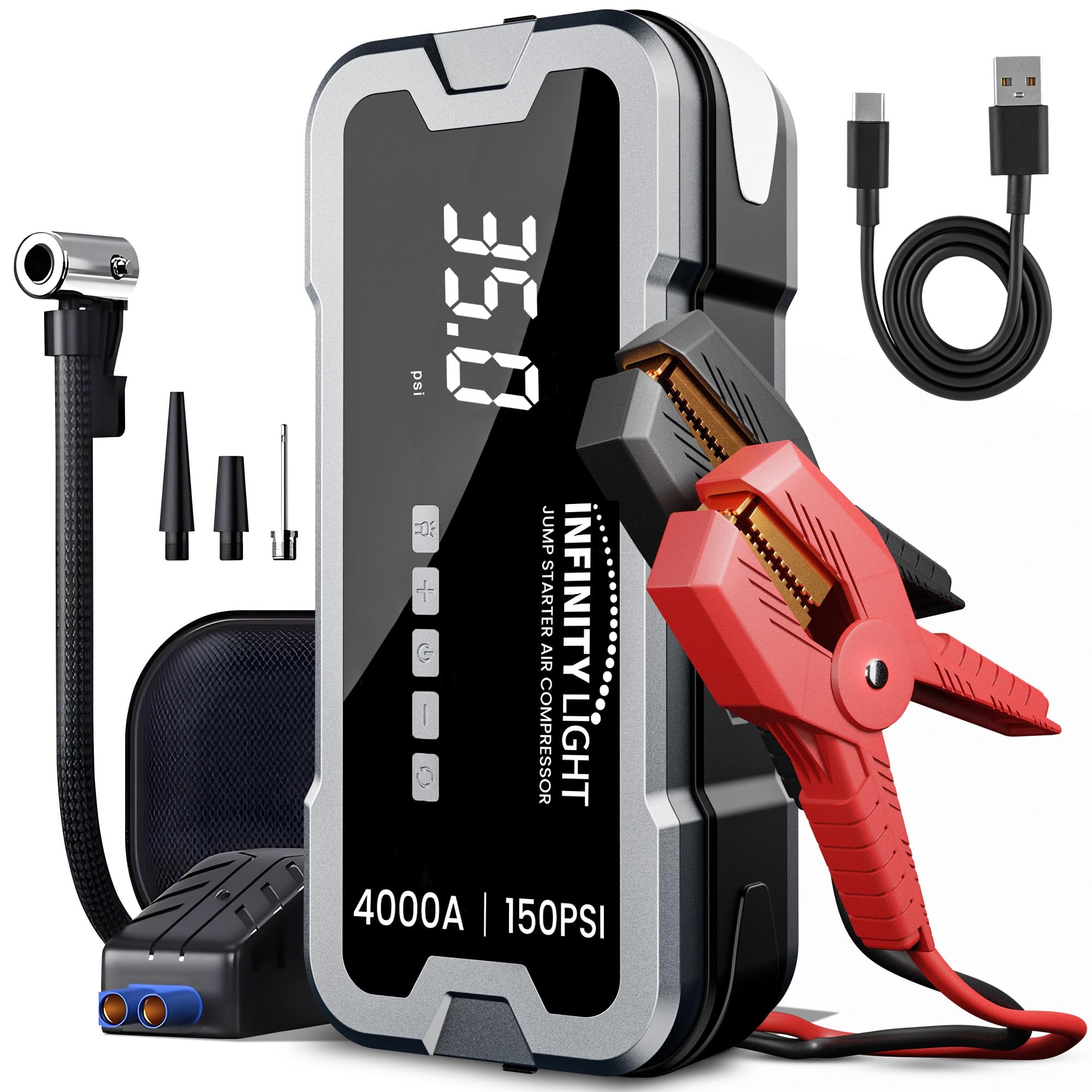 4000A Jump Starter 150 PSI Air Compressor Tire Inflator Cordless Air Pump 12V Portable Car Battery Booster LED