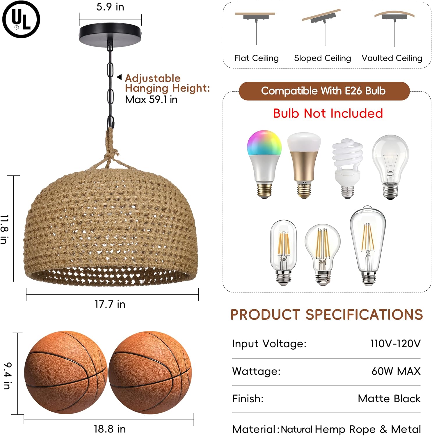 17.7" Large Farmhouse Chandeliers for Dining Room, Boho Rustic Rattan Hemp Rope Pendant Light Fixture Coastal Wicker Hanging Pendant Lighting for Kitchen Island, Bedroom, Living Room, Entryway, Foyer
