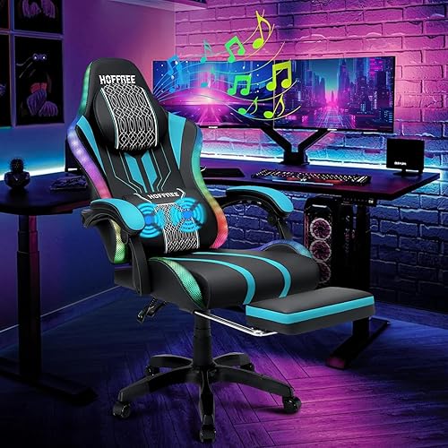 HOFFREE Silla LED para Juegos con Altavoces, Silla de Juego Masaje Grande y Alta, Sillas de Computadora para Juegos Ergonómicas, Silla Reclinable de