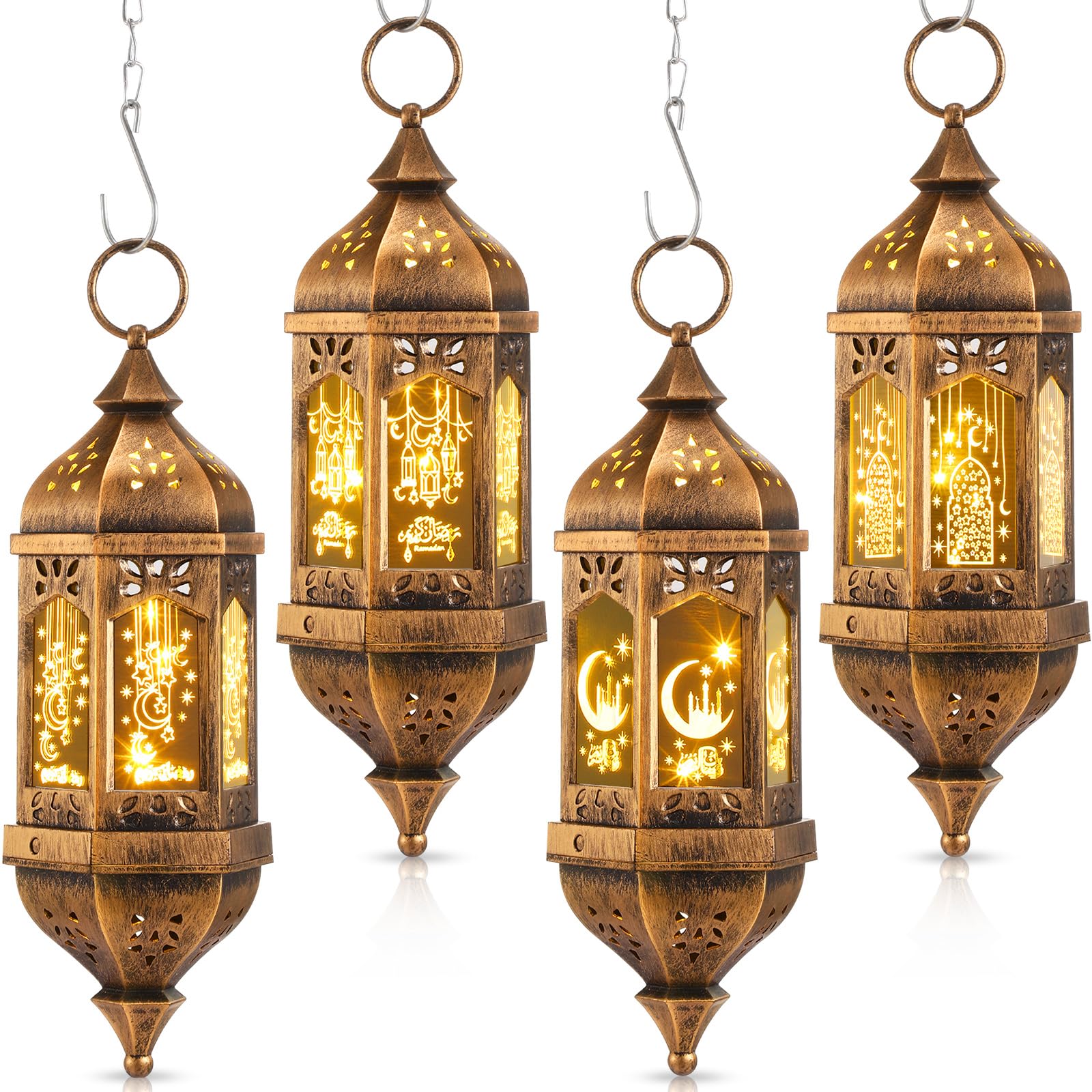 Photo 1 of *Santa Threan 4 Pcs Ramadan Lantern Ramadan Hanging Hexagon Decorations Ramadan Mubarak Lantern LED Eid Mubarak Lantern Lights Kids Gifts for Home Muslim Islam Festival Porch Decor (Bronze Gold)