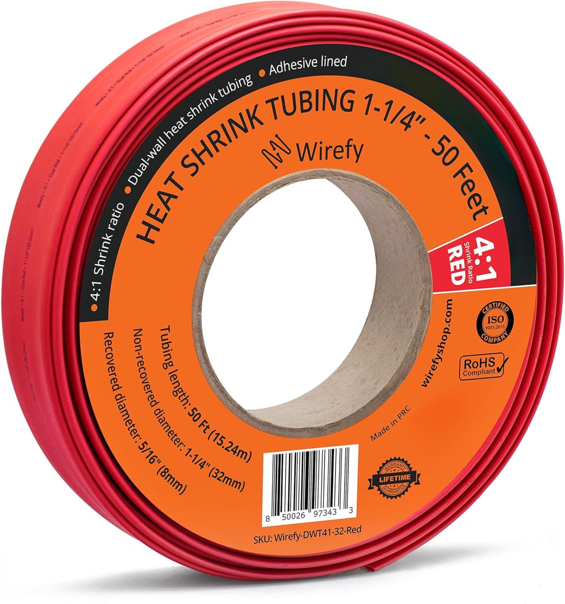 1-1/4" Heat Shrink Tubing - Large Diameter - 4:1 Ratio - Adhesive Lined - Industrial Heat-Shrink Tubing - 50 Feet Roll - Red