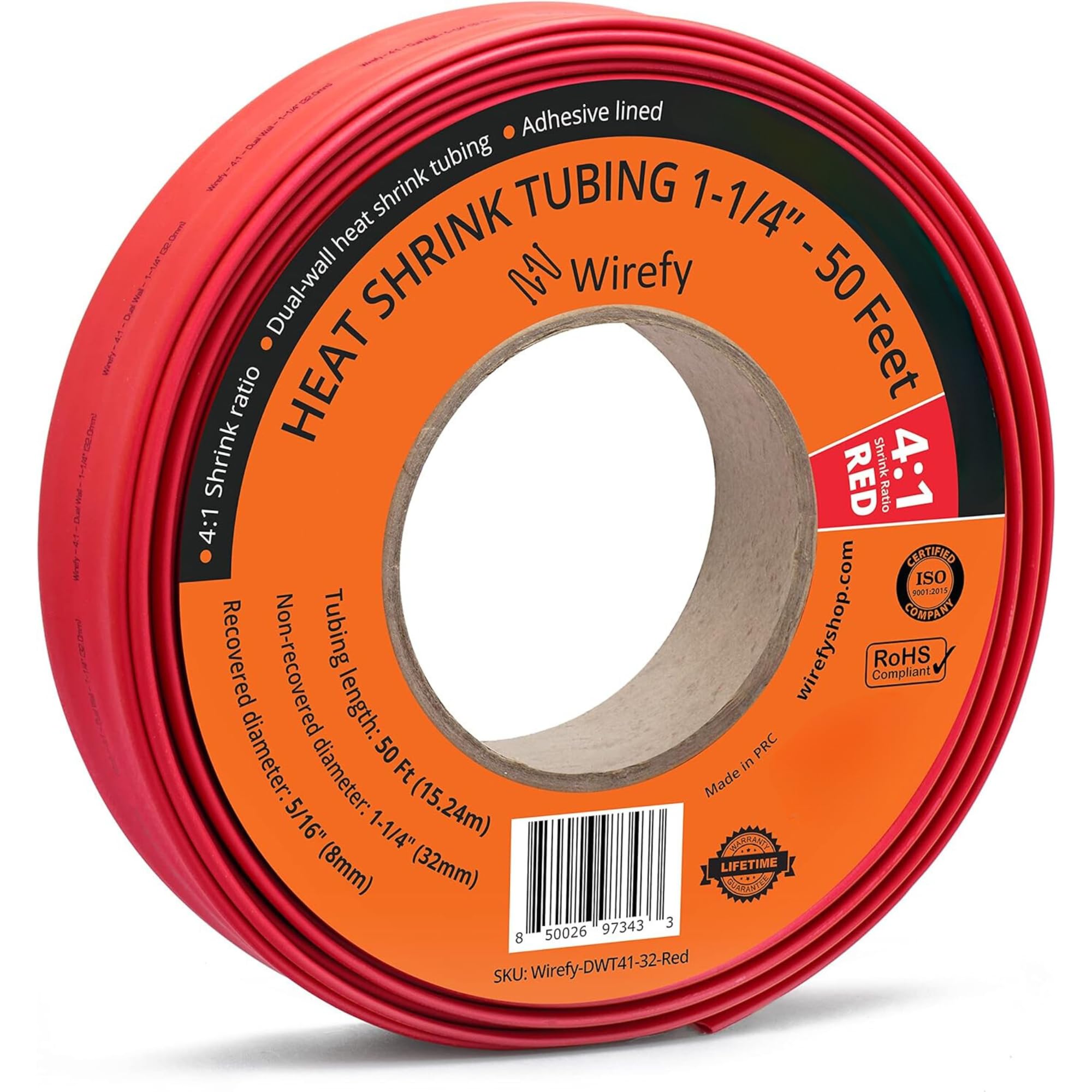 1-1/4" Heat Shrink Tubing - Large Diameter - 4:1 Ratio - Adhesive Lined - Industrial Heat-Shrink Tubing - 50 Feet Roll - Red