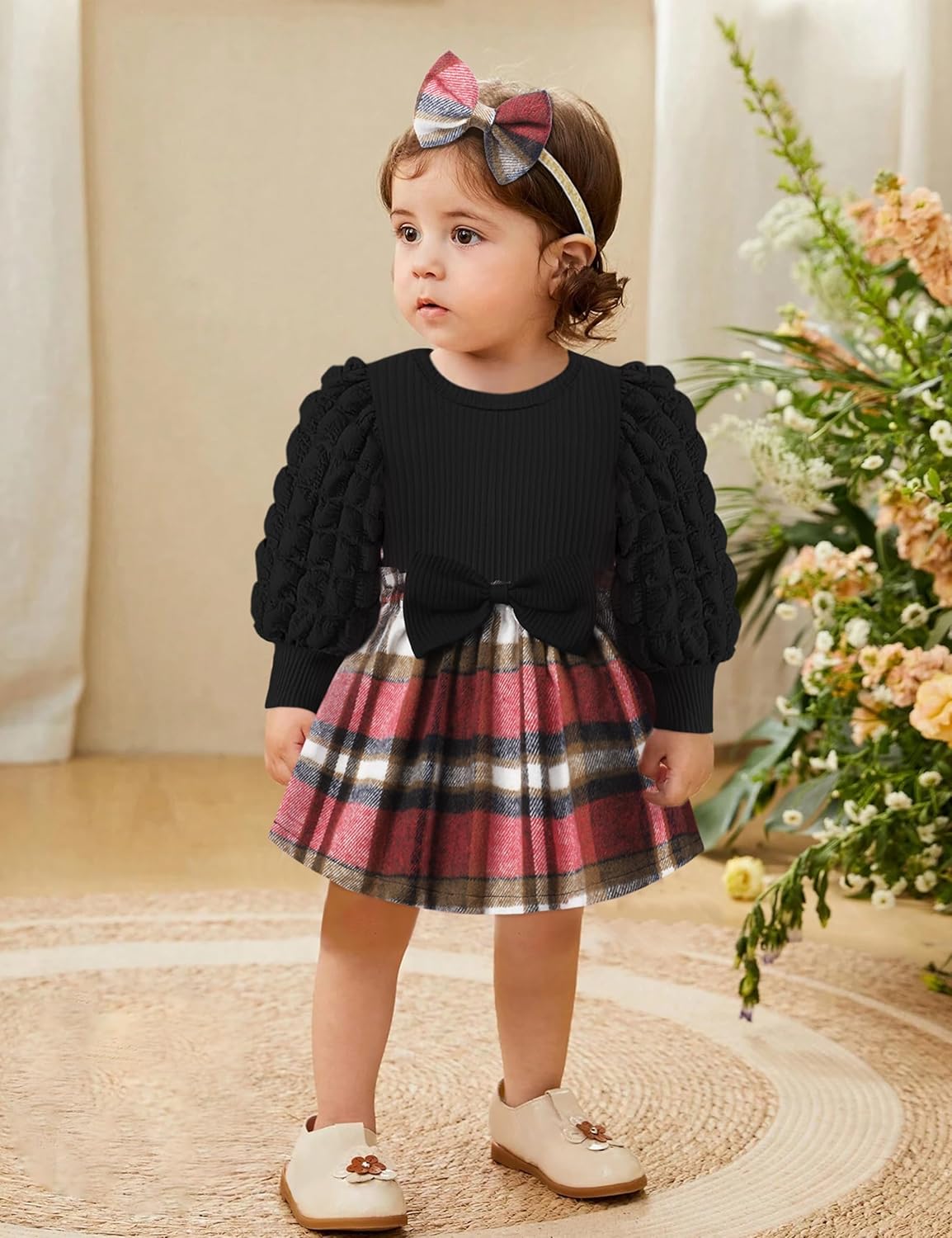 Qaoerde Baby Girl Dress Puff Sleeve Plaid Dress Ribbed Newborn Dress Clothes Fall Winter Outfits with Bowknot Headband - Image 3