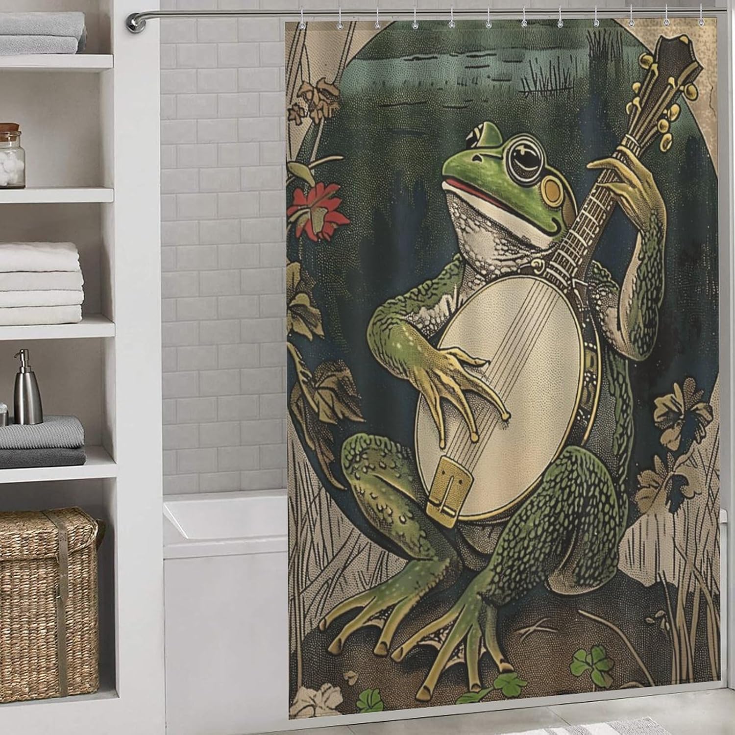 Vintage Frog Banjo Shower Curtain Fabric Shower Curtains Bathroom Waterproof Lightweight 60x72Inch（152x183cm）