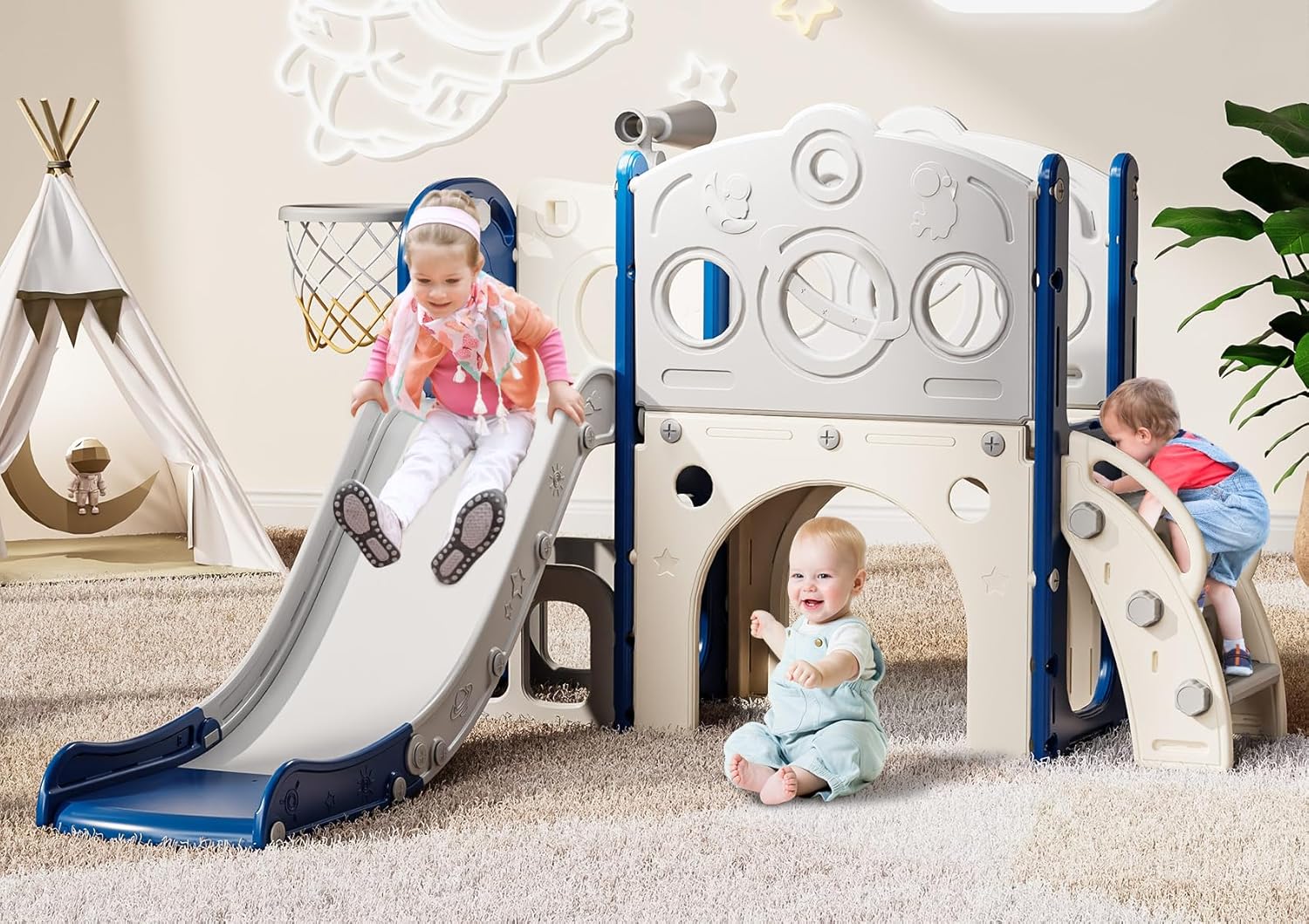 Babytronic Toddler Slide, 8 in 1 Kids Slide with Basketball Hoop, Telescope and Climber