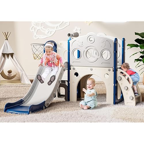 Babytronic Toddler Slide, 8 in 1 Kids Slide with Basketball Hoop, Telescope and Climber, Baby Slide Toddler Playground, Indoor Outdoor Playset for Toddlers Age 1-3, Kids Indoor Playground (Blue&Gray)