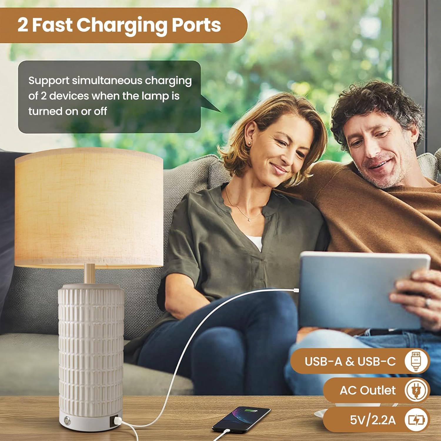 23" Touch Table Lamps Set of 2 with USB-C Ports - Ceramic Bedside Lamp for Bedroom - Modern Farmhouse Dimmable Lamp for Living Room - White and Beige Boho Nightstand Light for Home Decor and Lighting