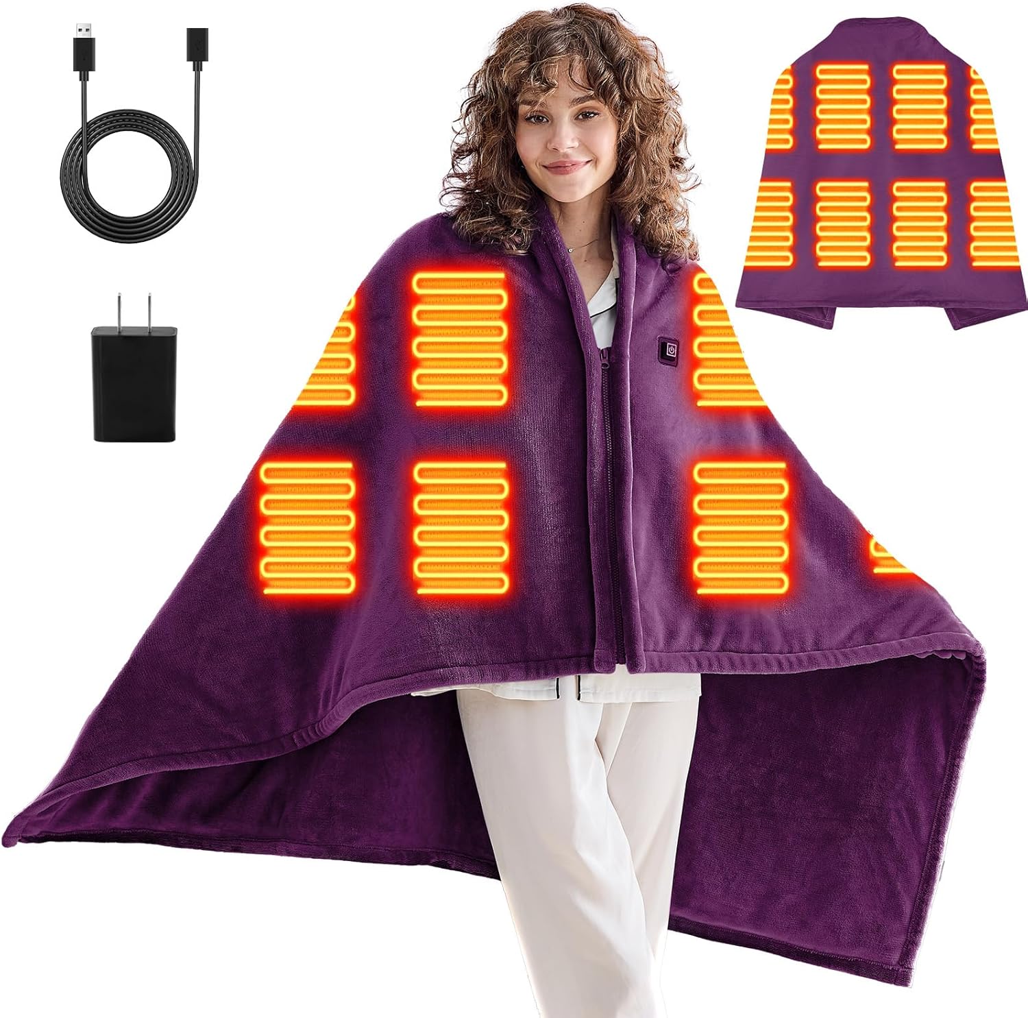 USB Portable Heated Electric Blanket - Cordless Heated Throw Blanket for Outdoor with 3 Heating Levels - Wearable Shawl for Travel,Camping,Bed - Winter Gifts for Women, Purple(Battery Not Included)