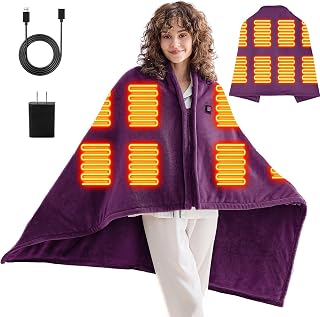 greenoak USB Portable Heated Electric Blanket - Cordless Heated Throw Blanket for Outdoor with 3 Heating Levels/Wearable Shawl Gifts for Travel,Camping,Bed, Purple Standard(Battery Not Included)