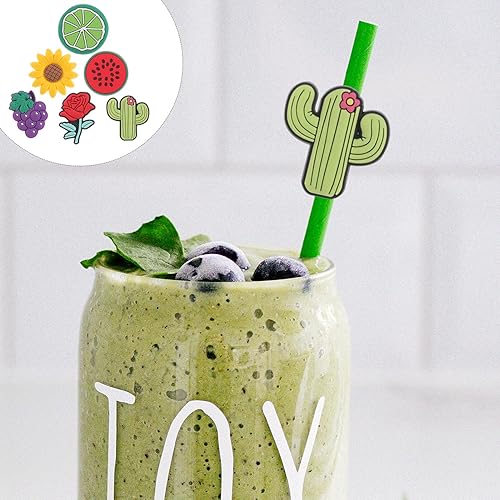 Miniatura 3 de SEWACC 12 puntas de pajita, 12 unidades, girasol, uva, sandía, cactus, rosa, tapones para pajilla, tapones de paja de silicona, tapas reutilizables