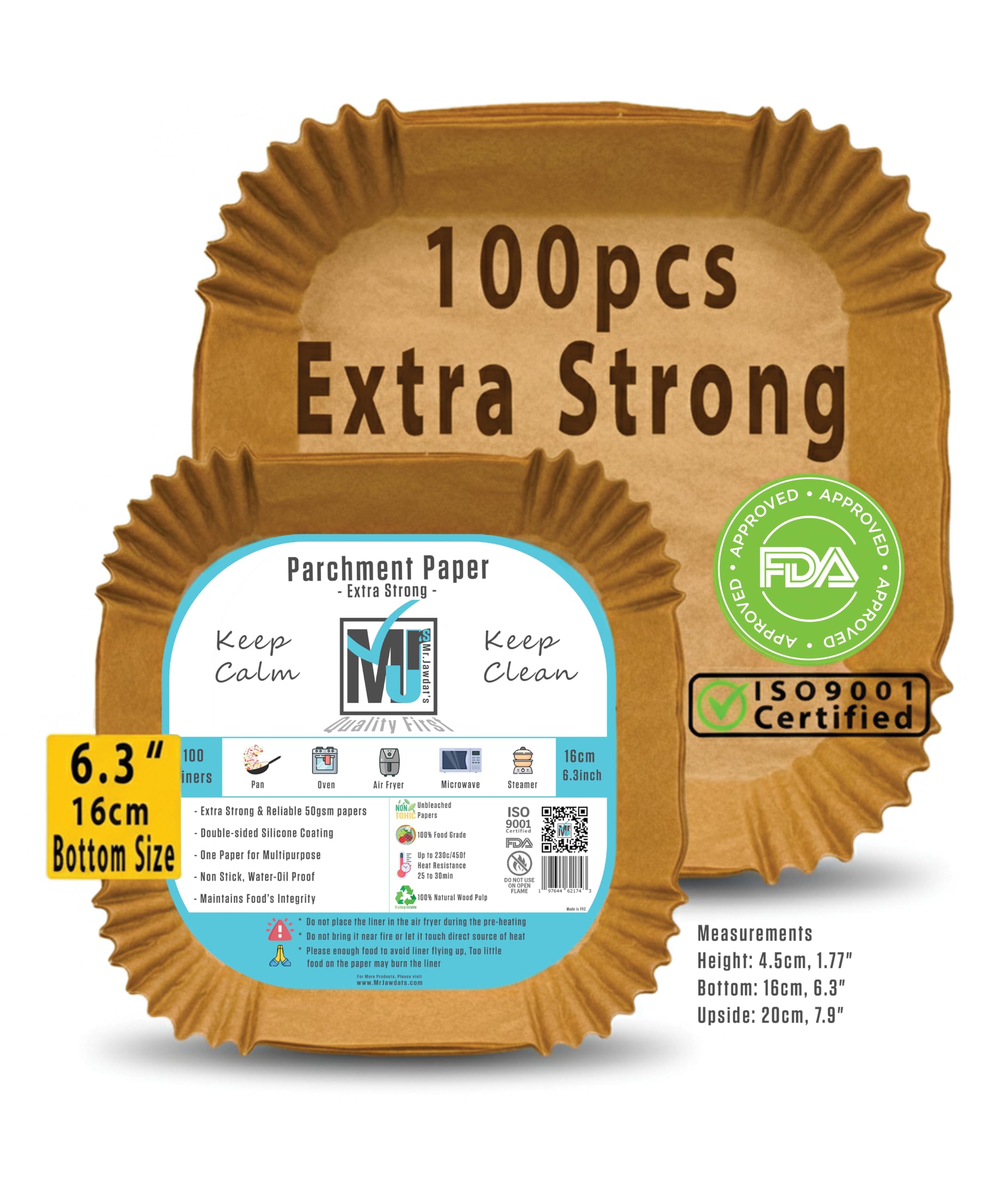 ((Extra Strong)) 100Pcs Air Fryer Liners, Disposable Paper Liner Mr.Jawdat's™, Square Parchment Paper for Baking Microwave, Baking Paper for Air Fryer ((Bottom size 16cm/6.3inch, Square))