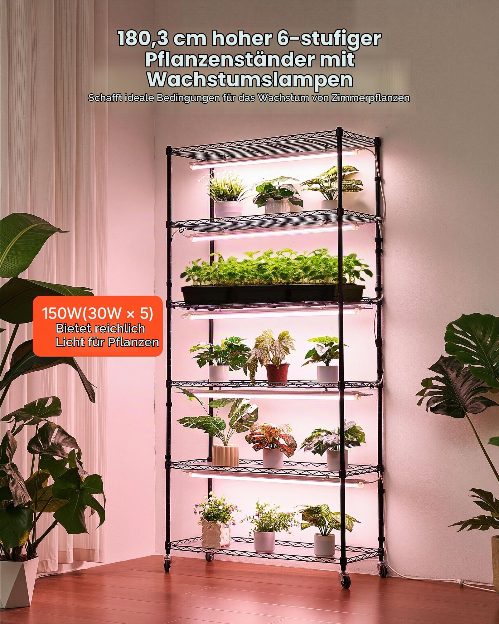 VEVOR Pflanzenregal mit Wachstumslichtern, 6-stufiger Pflanzenständer für Zimmerpflanzen mit Rädern & Timer, 150W 3800K Vollspektrum Licht, Metall-Blumenregal für die Samenanzucht, 90x35x180cm