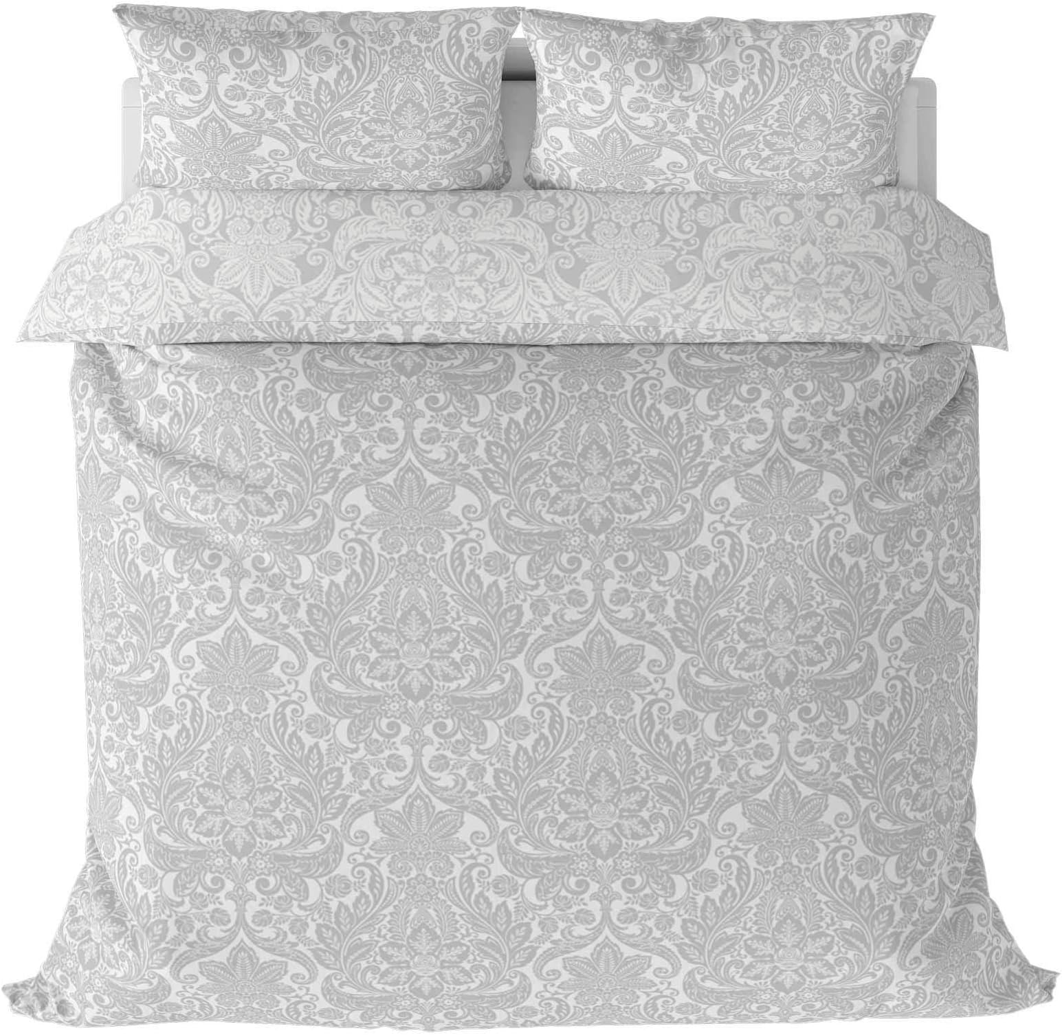 IT IDEAL TEXTILES Silver Damask Print Duvet Cover, Grey Nicola Reversible Floral Chantilly Design Duvet Covers, Easy Care Cotton Blend Bedding Quilt Sets, King Size