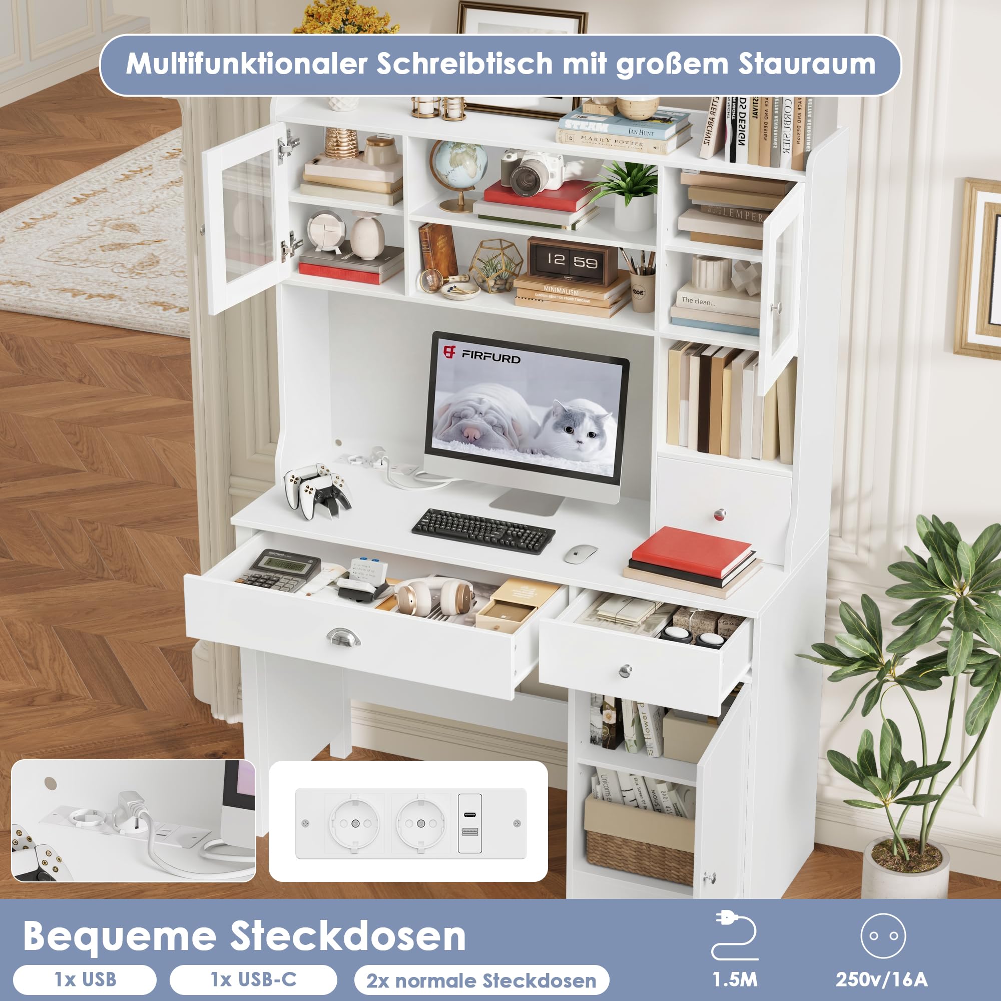 FirFurd Schreibtisch mit Schubladen Schminktisch mit LED Kinderschreibtisch | Schreibtisch Kinder mit 2 Steckdosen und 2 USB, Schminktisch ohne Spiegel, Tisch für Kinder & Jugendzimmer 120x48x165cm weiß