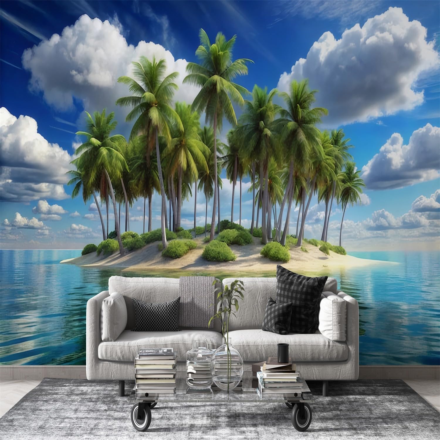 Papier peint cocotiers trompe l'oeil bleu 400x280 cm pour grand mur de salon