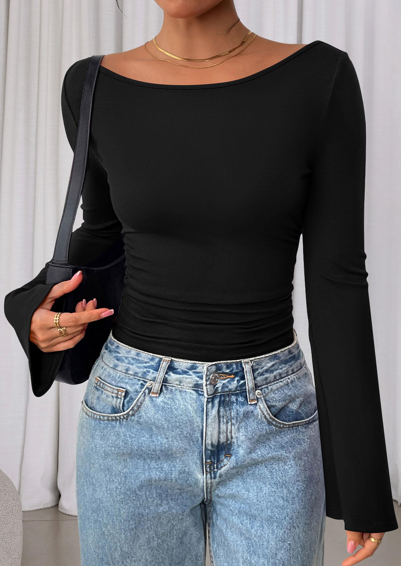 PRETTYGARDEN Women's Long Sleeve Shirts 2025 Fall Crop Going Out Tops Casual Boat Neck Bell Sleeve Ribbed Ruched Y2K Clothes