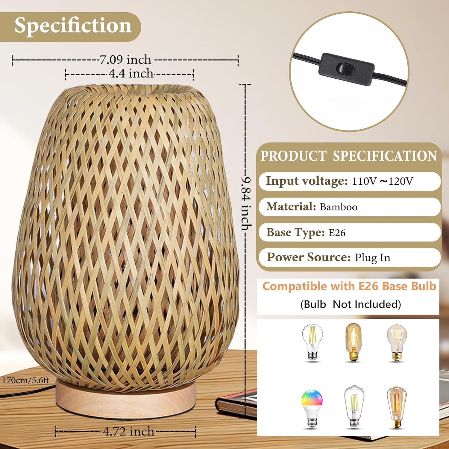 Rattan Table Lamp, Boho Bamboo Woven Small Beside Lamp, Vintage Wicker Wooden Nightstand Lights, End Table Lamp for Living Room Bedroom Desk, Kids Room
