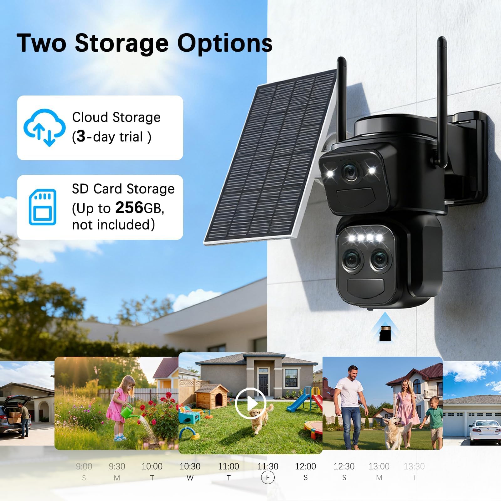 8MP Triple Lente Camara Vigilancia WiFi Exterior con Panel Solar,10X Cámara Exterior Detección Humana PIR Doble,Visión Nocturna en Color, Audio Bidireccional,Seguimiento Automático,Sirena,IP66,2.4GHz