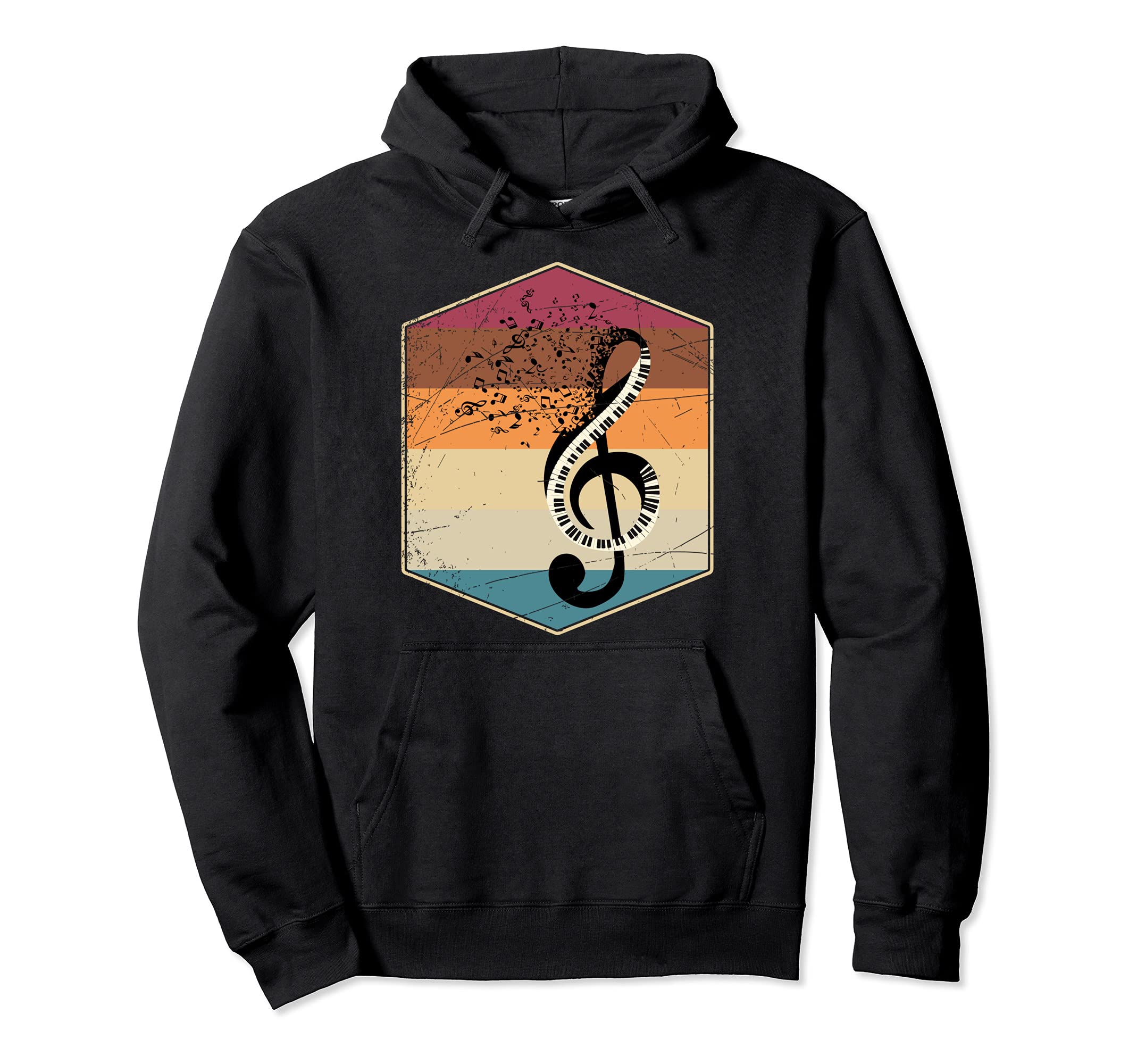 Classical Musician Keyboard Treble Clef Pianist Retro Piano Pullover Hoodie, Black