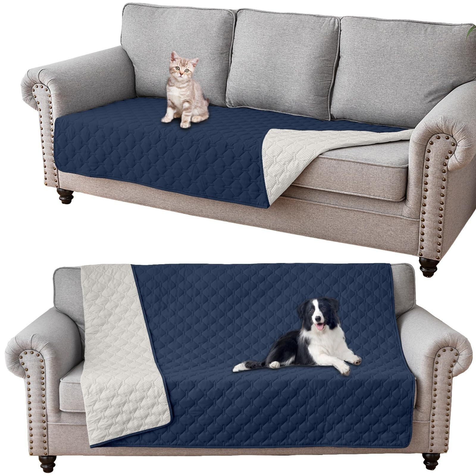 Coperta Impermeabile per Cani, Copridivano antigraffio gatto, Copridivano con Penisola per Animali con Fondo in Gomma Antiscivolo, Copriletto(Navy,132x208cm)