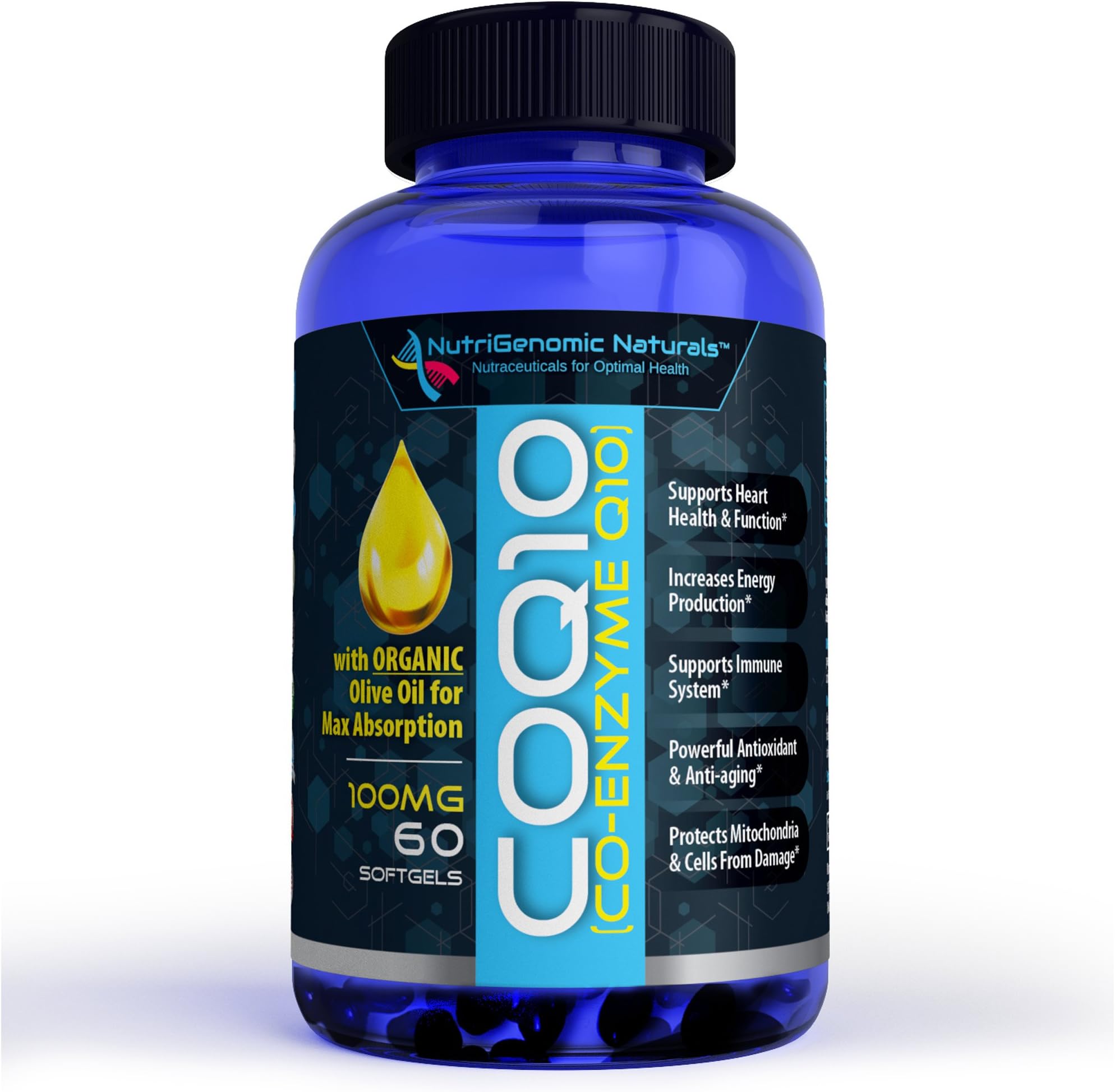 CoQ10, Coenzyme Q10, Highest Absorption with Organic Olive Oil, 100mg, 60 Softgels, Ubiquinone, Ubiquinol, Supports Heart Health, Increases Energy, Pure, Natural, Effective