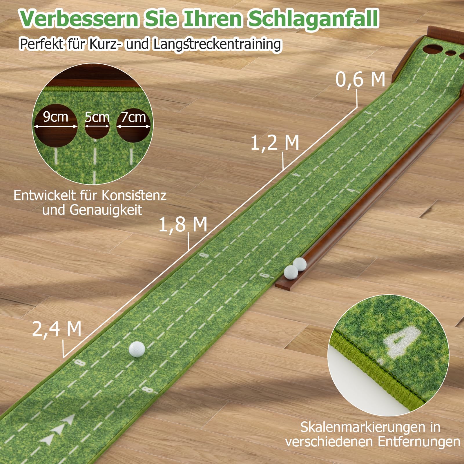 GYMAX Golf Puttingmatte mit automatischem Ballrücklaufsystem, Golf Übungsmatte mit Zielbezugslinie & Entfernungsskala, Golf Trainingsmatte für Anfänger & Profis, grün