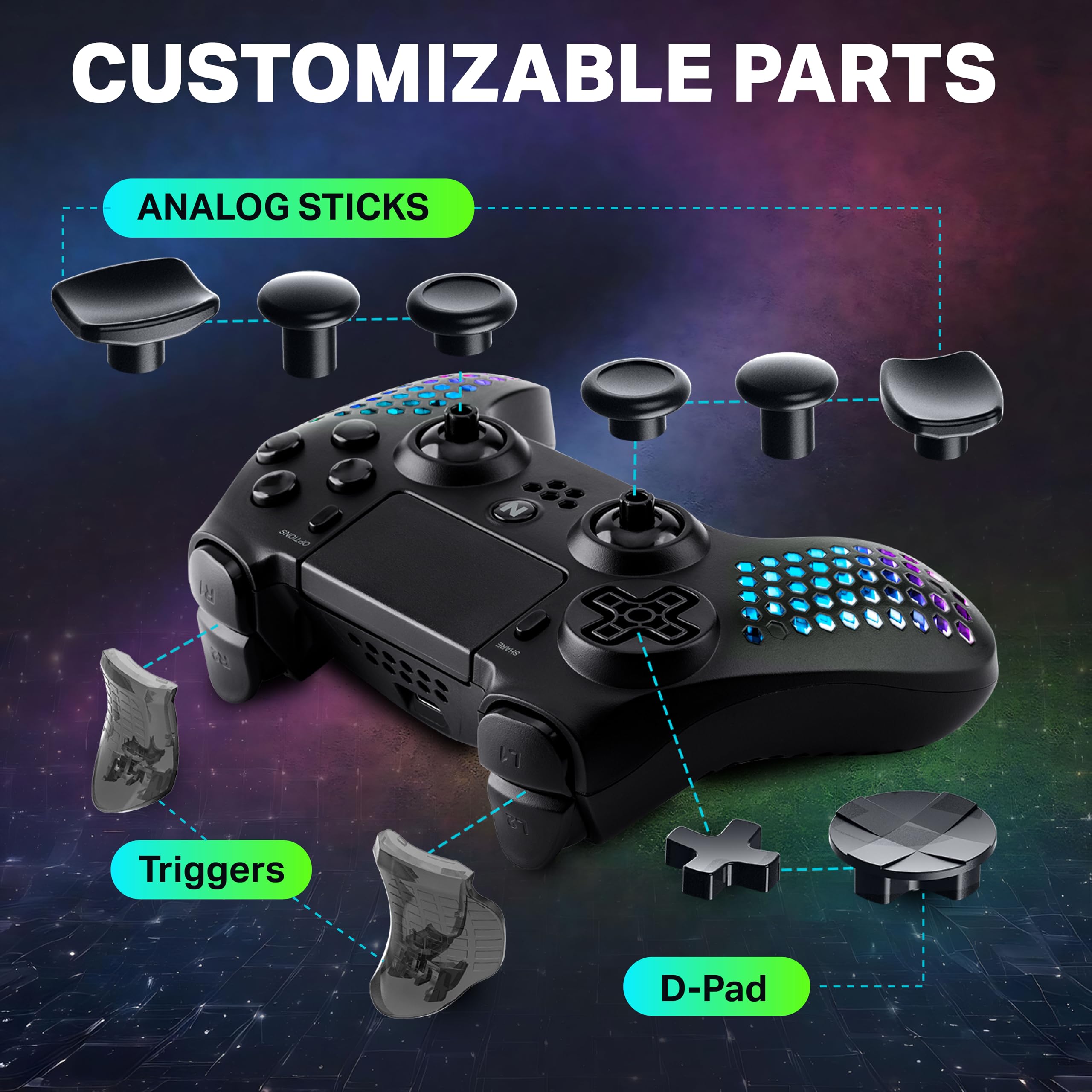 NITHO Wireless Controller per PS4/PC/Android/iOS/PS3, Controller di Gioco con Sensore a 6 Assi, Luci RGB LED, Doppia Vibrazione, Jack Audio da 3.5 mm, Gamepad Joystick per PS4/PC