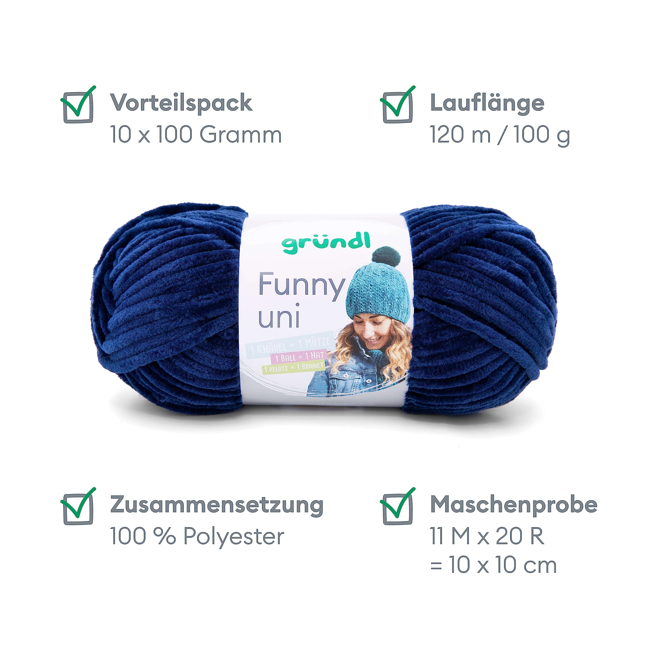 Gründl Funny uni włóczka do robienia na drutach i szydełkowania (aksamitna przędza szenilowa ze 100% poliestru, 10 x 100 g/120 m, grubość drutów: 5-6), granatowa