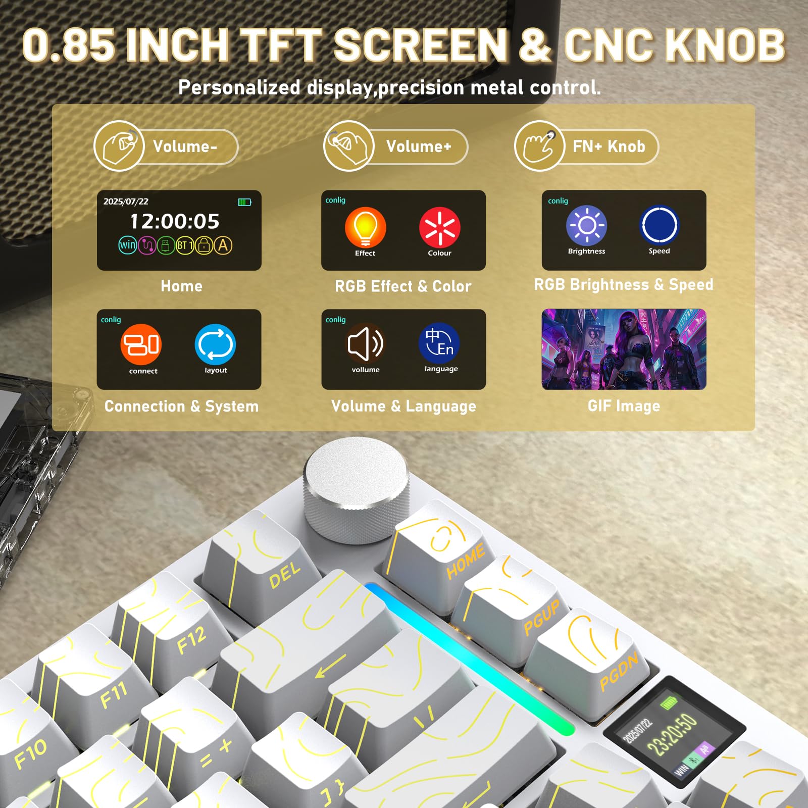 A.JAZZ X ATTACK SHARK X820Ultra Bezprzewodowa Klawiatura Mechaniczna | 2.4G/BT/USB-C, Układ 75% 80 Klawiszy, Kolorowym Wyświetlaczem TFT & Pokrętłem CNC, RGB Hot-Swap, 4000mAh-Biały/Shark Switch